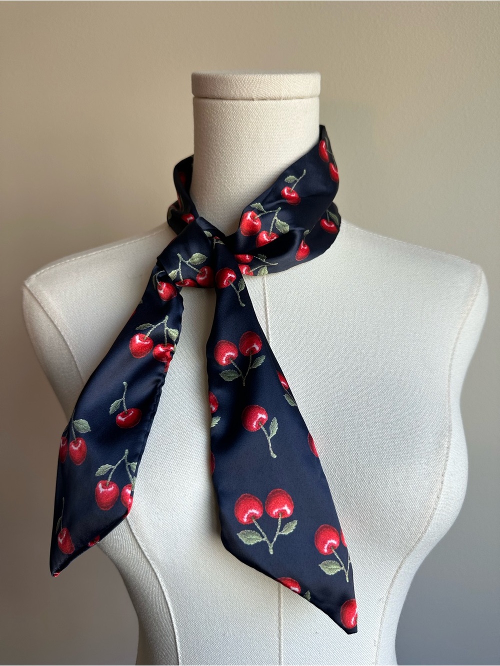 Silk-Feel Cherry Print Neck Scarf - Navy / Red